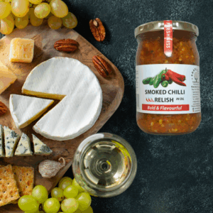 Serving suggestion with smoked chilli relish and cheese platter